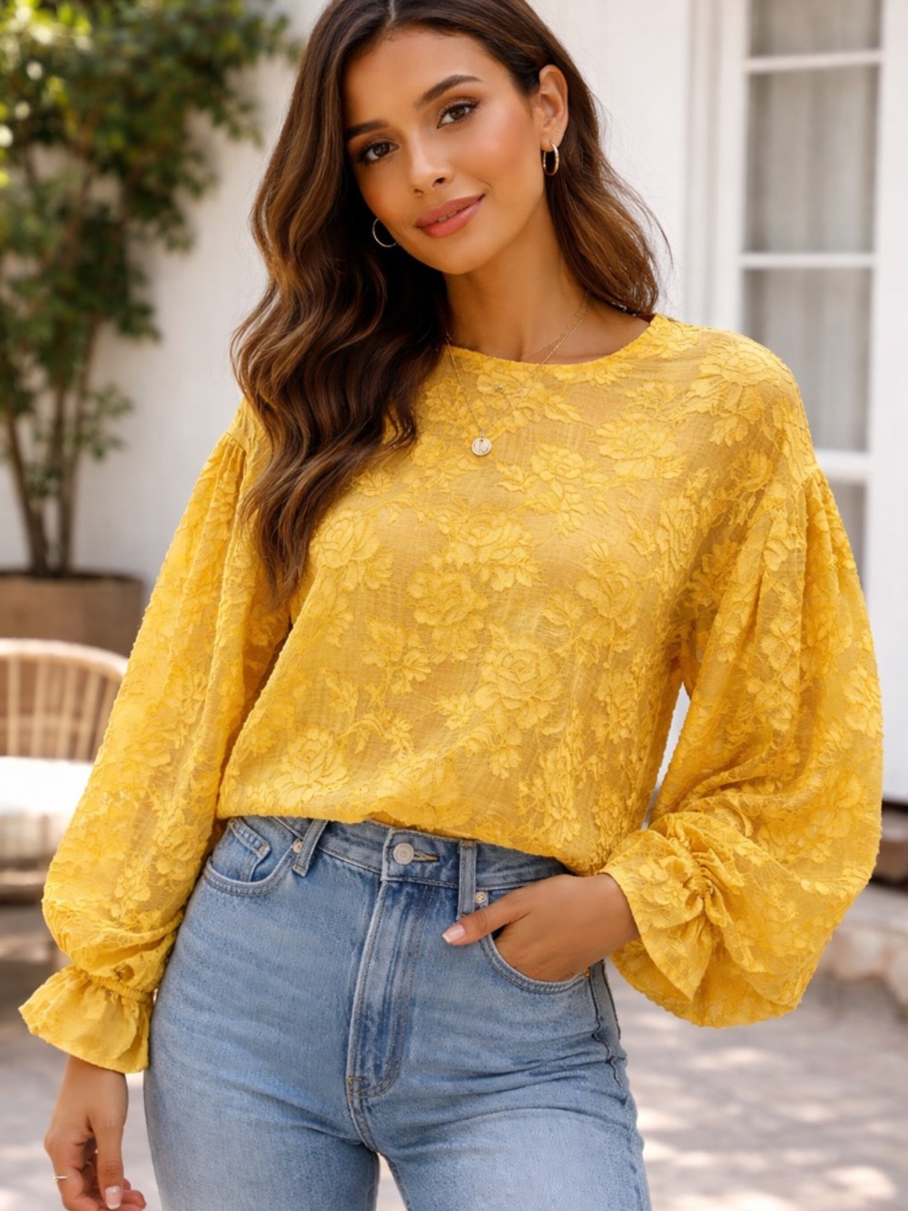 Yellow Floral Lace Balloon-Sleeve Top
